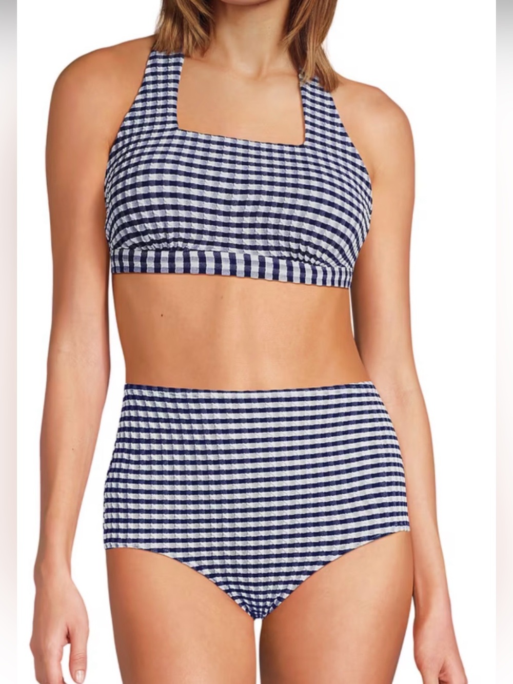 Lands' End Navy-White Gingham Halter High-Waist Bikini swimsuit 1X NWT